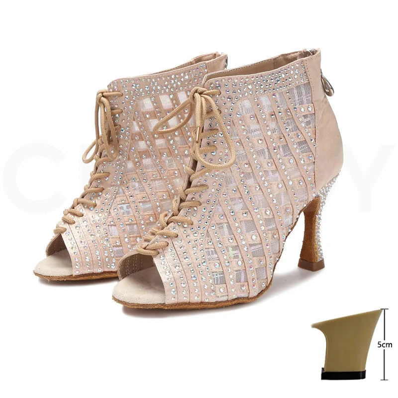 YCALCP Bottines Danse Latine Femme – Maille Bout Ouvert, Talon 9 Cm, Lacets & Zip – DS-970
